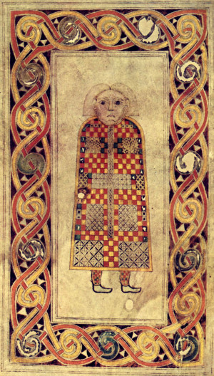 Book of Durrow, Menschengestalt als Symbol des Matthaeus-Evangeliums, mit keltischer Tonsur, Ansicht von vorne