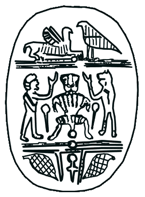 Bes verehrt von zwei Menschengestaltigen, Siegel aus Hazor, Eisenzeit-II-B
